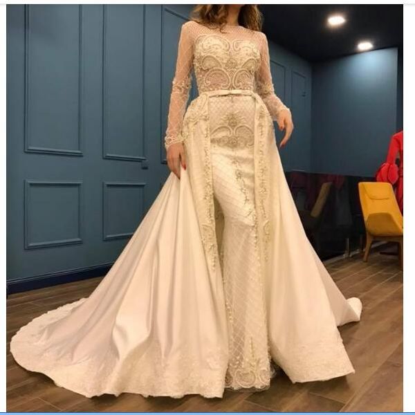 

sheer long sleeves beaded mermaid prom dresses beaded 2020 customized with detachable train women evening party gowns formal robe de festa, Red