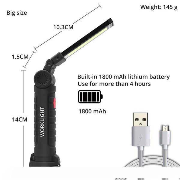 

usb rechargeable cob led flashlight work light inspection light 5 modes tail magnet design hanging torch lamp 2 sizes waterproof