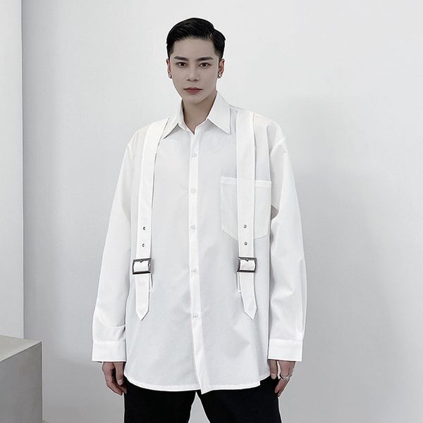 

male hip hop loose shirt stage show clothes men japan streetwear functional style bandage long sleeve casual shirt, White;black