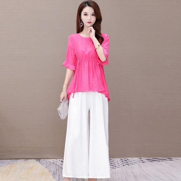 

f3p4b tencel cotton fashion pantsshirt wide leg pants two-piece suit for women 2020 summer new slim fit short sleeve temperament chiffon shi, Gray