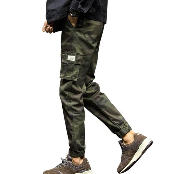 

2020 mens joggers autumn pencil pants men trousers casual camouflage ankle-tied multi-pockets cotton sport ninth pants trousers, Black