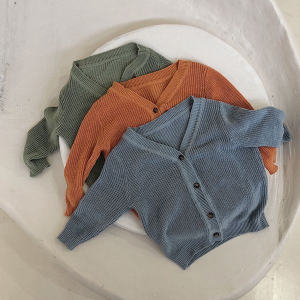 

kids v-neck solid color knitted cardigans boys girls casual long sleeve sweaters children sweater t200804, Blue