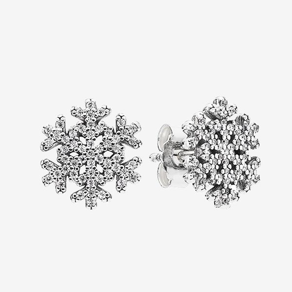 

sparkling snowflake stud earring women girls wedding gift for pandora 925 sterling silver earrings with original box, Golden;silver