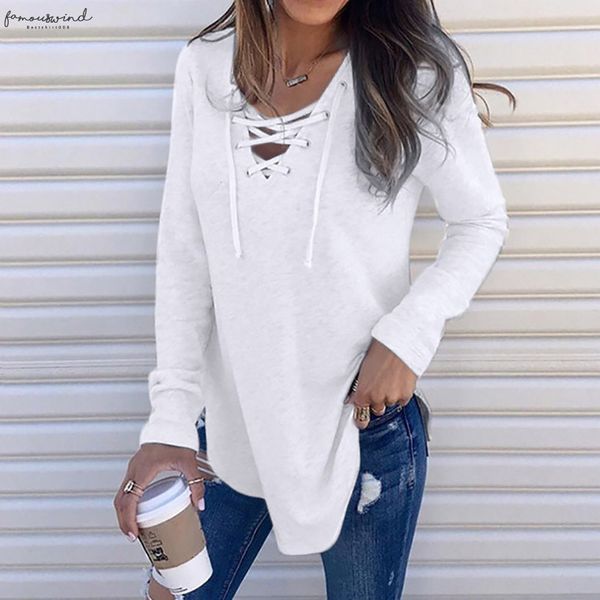 

shirt for women brief v neck strap solid long sleeve shirt autumn blouse chemise femme manche longue ng, White
