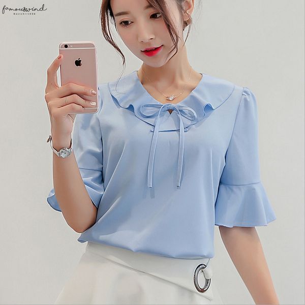 

new women short sleeve casual chiffon blouse fashion korean elegant women clothes streetwear summer 2020 women blue regular shirt, White