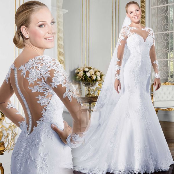

sheer o neck long sleeves mermaid wedding dresses 2021 see through illusion back white bridal gowns with lace appliques vintage wedding wear