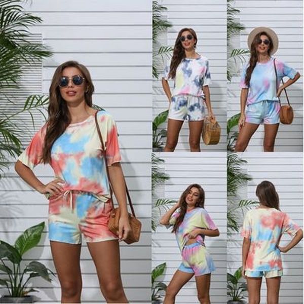 

fashionable women's tie dye shirt and shorts round neck casual set women's 2 piece short sleeve daily weart-shirt shorts set new, Black;blue