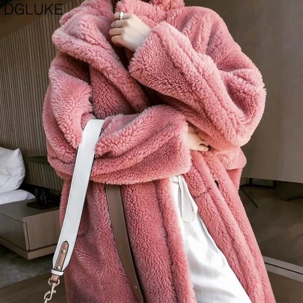 

dgluke autumn winter long teddy coat women fashion oversized thick warm cashmere jacket coats solid fluffy fleece overcoat, Black