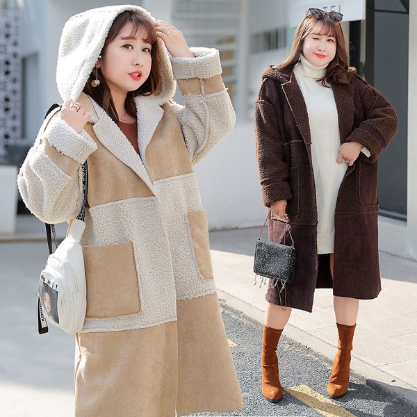 

autumn winter simplified and thickened korean large ipen stitch fur coat one piece fur jacket solid color stitching hooded wool, Black