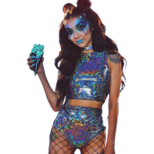 

2 piece sets holographic crop and shorts women lace up festival party rave clothing two piece set, White