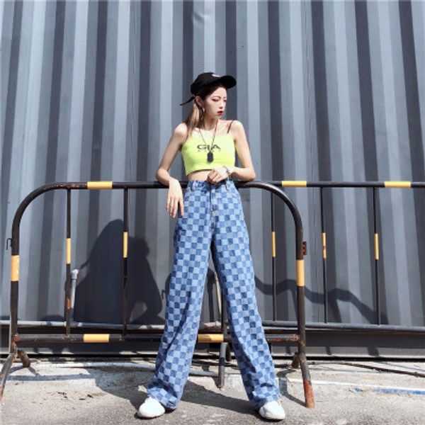

new stylish womens casual pants with pocket harajuku style loose pants personality jeans lattice straight wide leg trousers women tide, Black;white