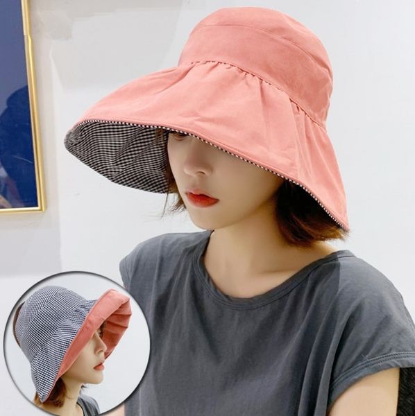 

summer korean style all-match plaid double-sided empty female female hat foldable travel cover uv-proof sun hat, Blue;gray