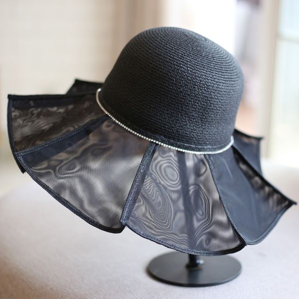 

elegant straw all-match mesh big beach travel holiday straw hat sunscreen sun hat children's summer, Blue;gray