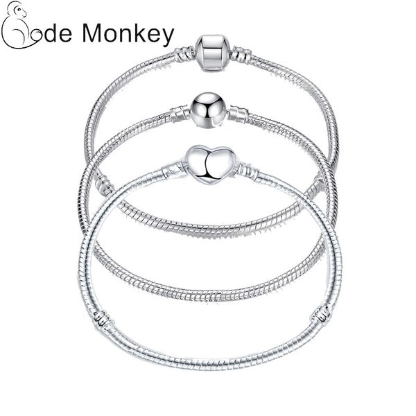 

17-21cm silver color love snake chain bracelet fit original design beads charm diy bead bangles jewelry making fashion gift, Black
