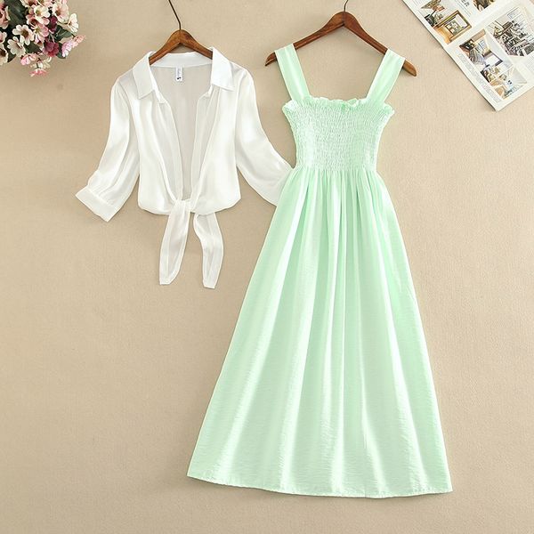 

fashion women puff sleeve turn down chiffon shirt + long ruched fluorescent green spaghetti strap dress new two pieces sets, White