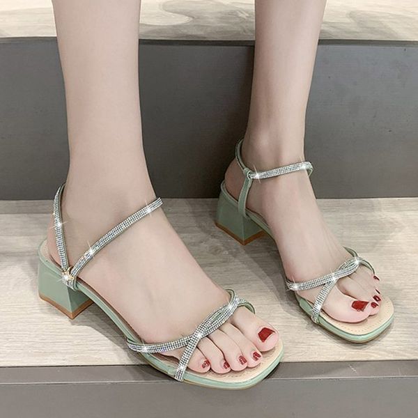 

2020 summer women sandals narrow band bling sandals medium heeled buckle strap ladies shoes rhinestone sandalias mujer 8188c, Black