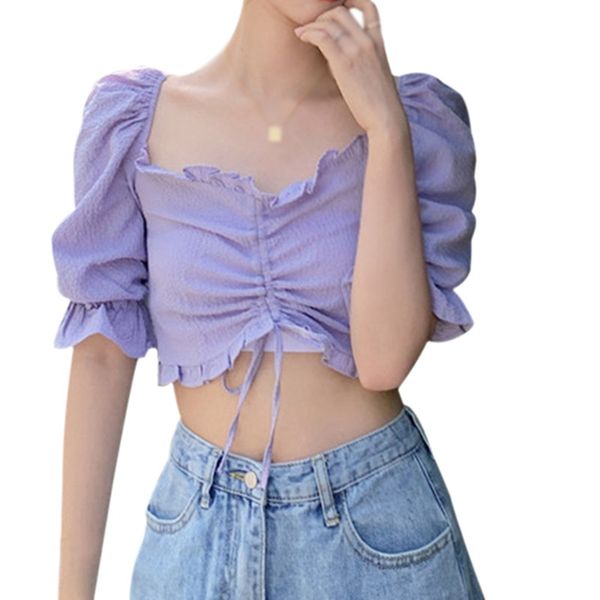 

off shoulder women blouse summer ruffles half puff sleeve cropped shirts solid female short bandeage fashion, White