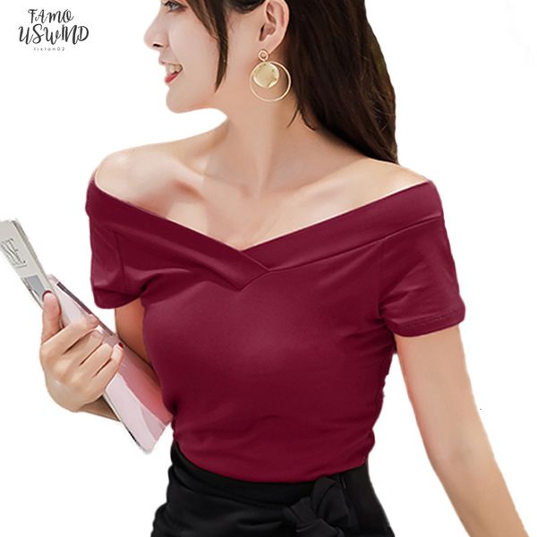 

2020 summer women tshirt casual short sleeve tees off shoulder feather cap sleeve solid t shirt slash neck loose elasticity, White