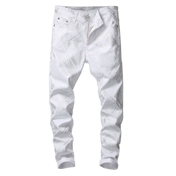 

sokotoo men's silver snake skin printed white jeans fashion slim fit stretch denim pants, Blue
