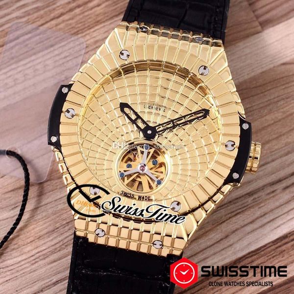 

new big automatic mens watch 18k yellow gold case tourbillon gold texture dial black leather rubber strap new swisstime hubg04a1, Slivery;brown