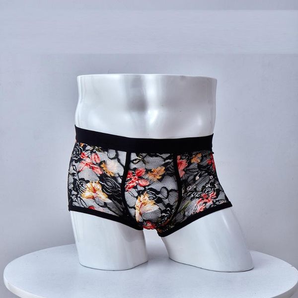 

lace boxer men underwear boxershorts lace floral underpants mens bulge pouch boxer shorts hombre male calzoncillo cueca neu, Black;white