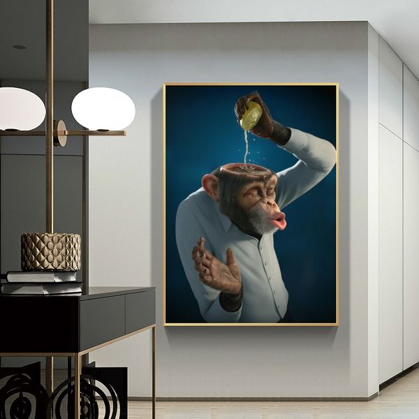 

modern funny monkey wall art on the wall lemon pouring into head creative wall pictures poster and print home decor