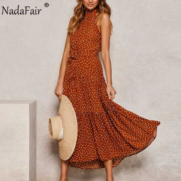 

nadafair a-line halter sleeveless black white summer beach long dress with belt boho maxi polka dot dresses women, Black;gray