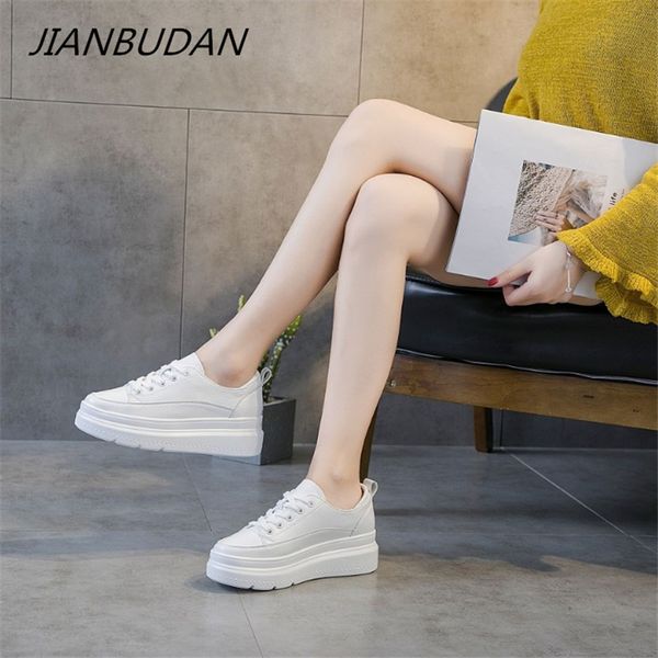 

jianbudan new height increasing flat shoes women's autumn winter chunky sneaker women leather platform casual shoes comfortable, Black