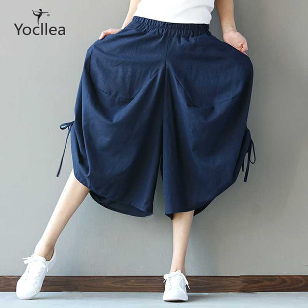 

pants women summer casual trousers calf-length pants lady cotton linen wide leg loose plus size women's clothing wj365, Black;white
