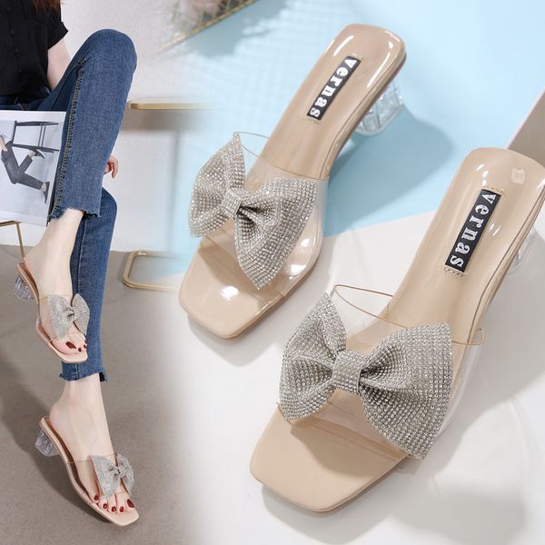 

2020 summer crystal bow semi-high heeled women's shoes a- line high heels slippers crystal heel sandals -20412-6, Black