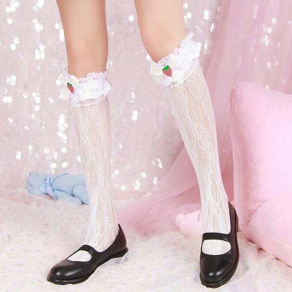 

strawberry cute lolita girls' medium and strawberry lace long lace tube lolita soft girl socks pile dance socks, Pink;yellow