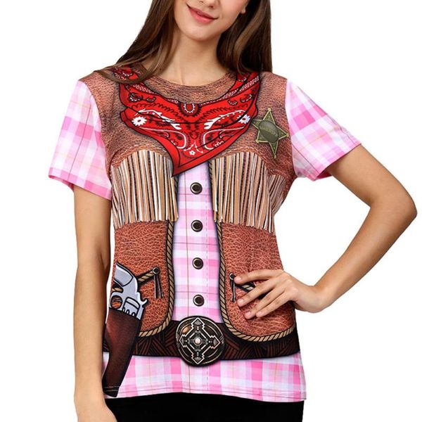 

women cowgirl funny 3d print t shirt female western theme carnival cosplay costume clothes tee o neck fashion short sleeve, White