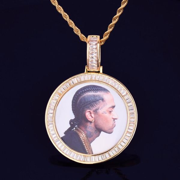 

New Custom Photo Medallions Round Necklace Photo Frame Pendant With Rope Chain Gold Cubic Zircon Rock Street Men's Hip hop Jewelry