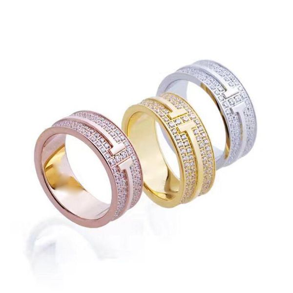 

2020 designer titanium steel jewelry double T-letter set with diamond ring T-letter full diamond ring 18 K gold men and women pair ring