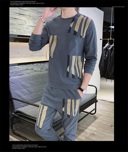 

middle waist mens designer two piece pants o neck slim new autumn floral mens tracksuits long sleeve long pants casual, Gray