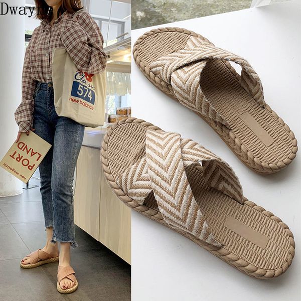 

2020 summer new linen weaving female slippers korean fashion flat casual beach sandals and slippers, Black