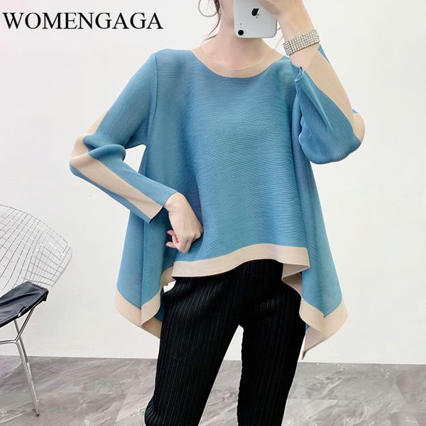 

size pleated large t-shirt famale 2020 round collar color block hem long sleeve fold irregular big swing 3x3d, White