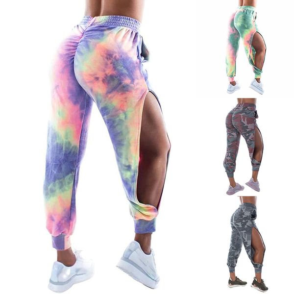 

ladies tie-dye sports pants women 's gradient side split active pants with pockets elastic high waist stretch yoga sweatpants, White;red