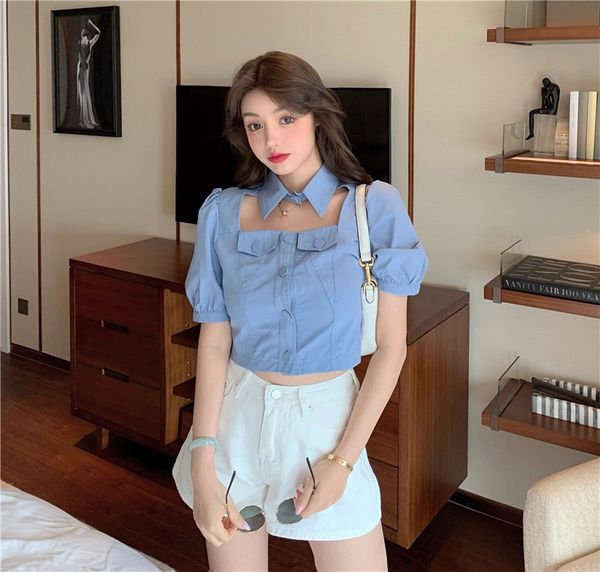 

summer 2020 new chest hollow design short slim slim short sleeve shirt women's shirt, White