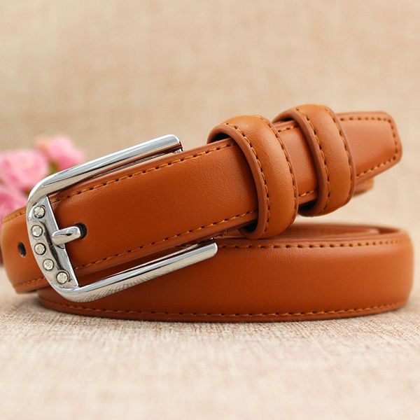 

fashionable diamond inlaid silver button leather thin belt for women, Black;brown