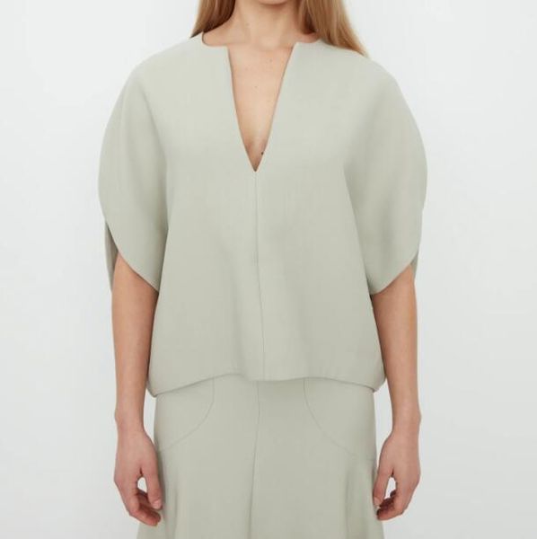 

2020 woman penicton blouse black oversized round silhouette v-neck drop shoulder fashion blouse, White