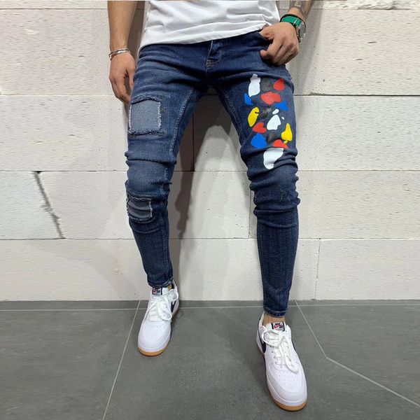 

lasperal high street denim pants mens jeans paint point ripped fashion slim fit trousers for male stretch destroyed ripped jeans, Blue