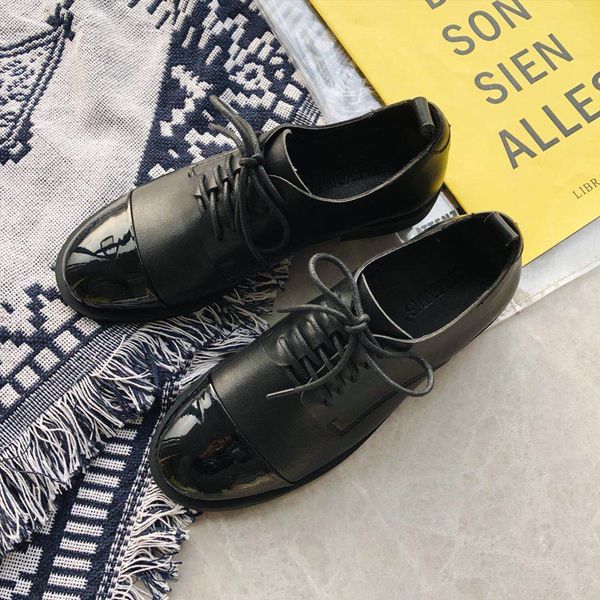 

microfiber leather shoes cross-tied patchwork black flats round toe retro british oxfords footwear autumn2020