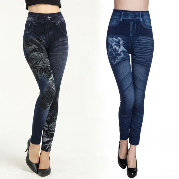 

stretch leggings women high waist perfect fit jeans push up skinny pencil pants casual false denim jegging animal print, Black