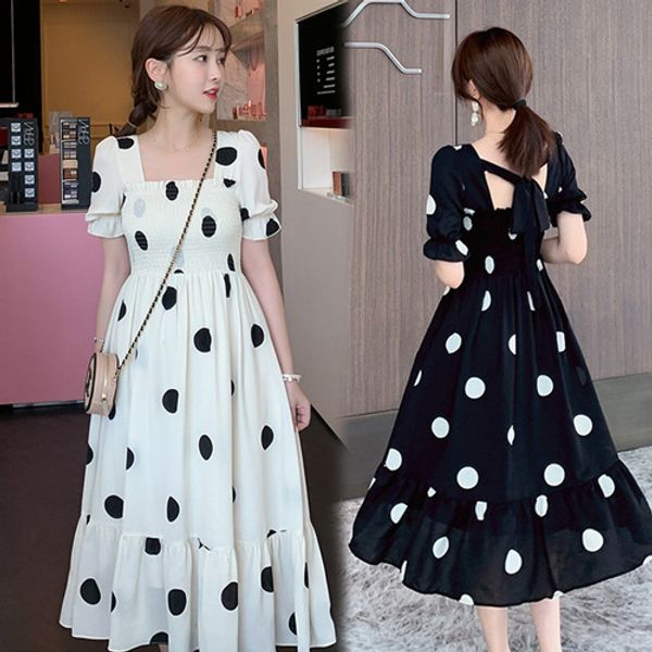 

summer square collar short puff sleeve cute sweet college wind korean style dot printed female women dresses, Black;gray