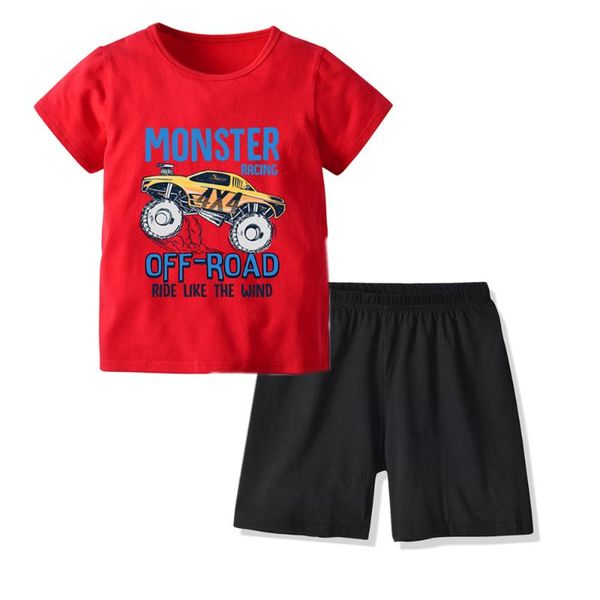 

child boy sets summer short sleeve red t-shirt + pants 2pcs cotton car print set for baby children outfit fashion clothing suit, White