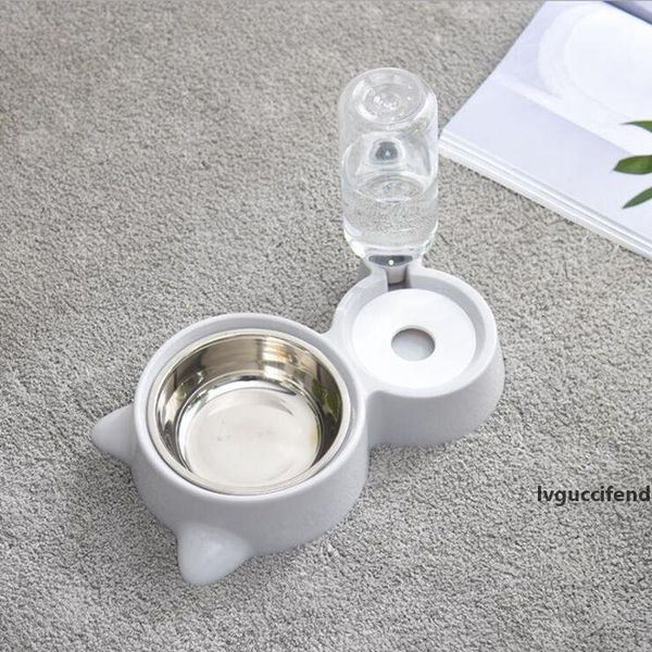 

stainless steel double pet bowls automatic drinker not wet mouth food bowl dog pot cat ears bowl supplies feeding dishes t200101
