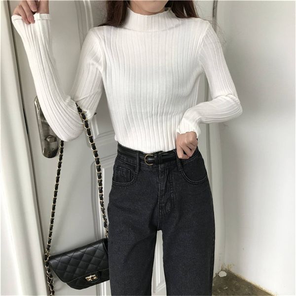 

casual autumn winter pullovers sweaters women half turtleneck ribbed soft female jumper knitte elasticity slim sweater basic top, White;black