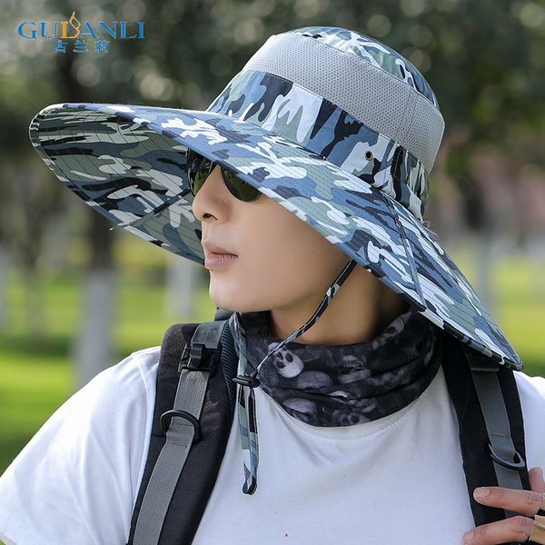 

fqcti men's super large brim fisherman's men's sun protection outdoor sports sunscreen fisherman sunscreen uv climbing hat ou, Blue;gray
