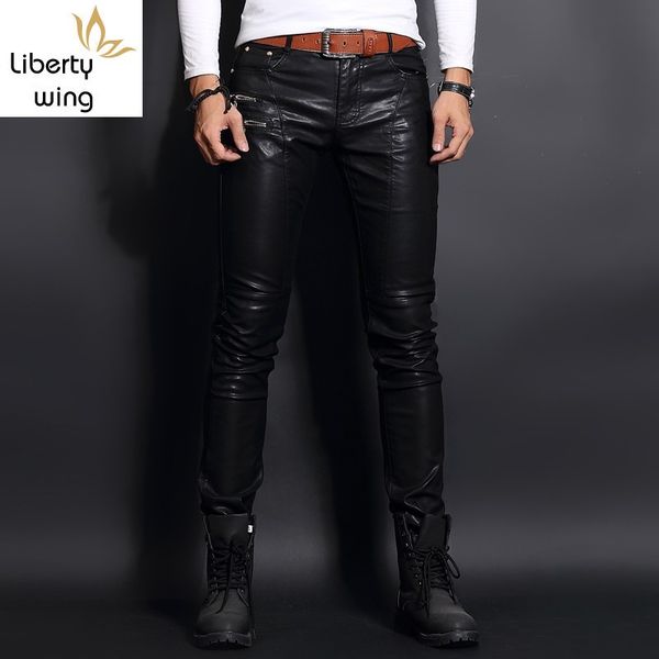 

brand korean slim fit mens faux sheepskin leather pants skinny punk man trousers full length zipper fashion pantalon hombre, Black